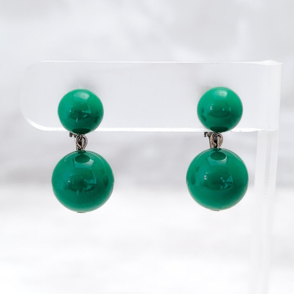 Vintage Richelieu Clip On Earrings Retro Pea Green Ball Duo Dangle Drop Earrings